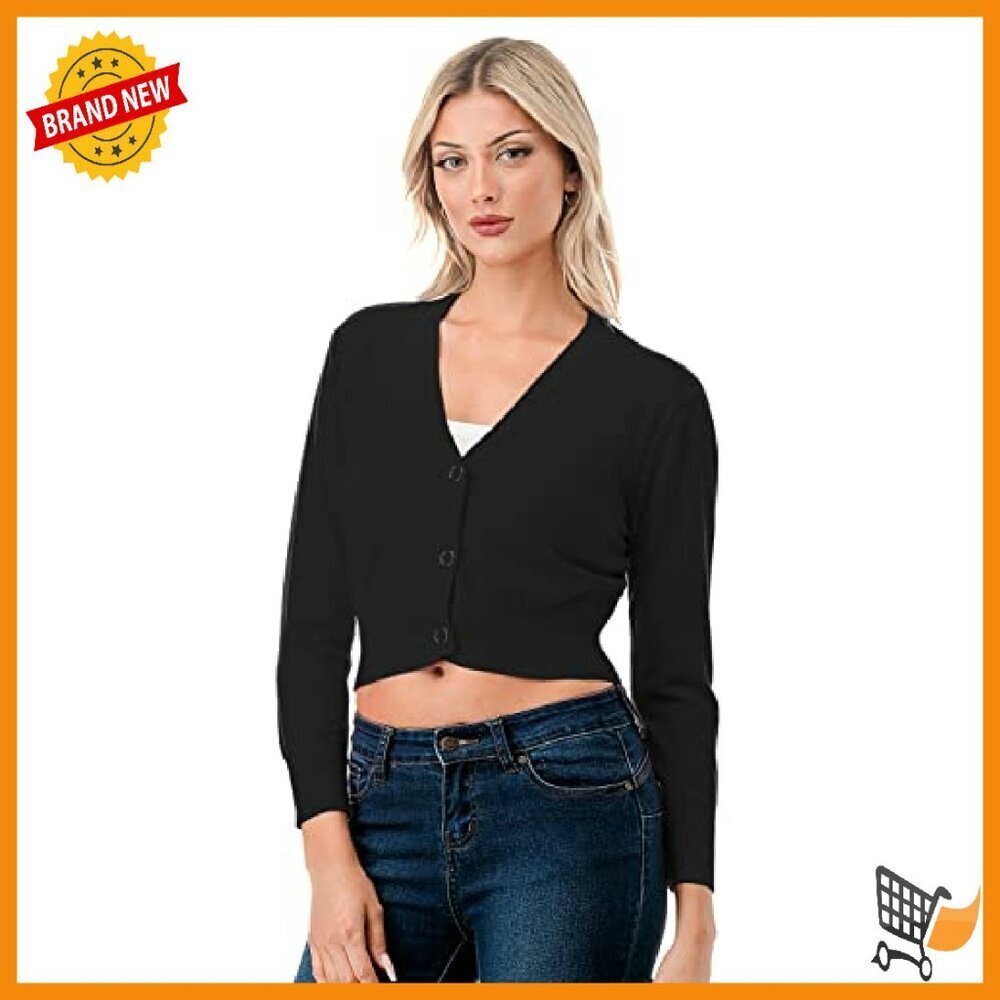 Soft 3/4 Sleeve Cropped V-Neck Cardigan Sweater - Viscose Blend - Picture 6 of 8